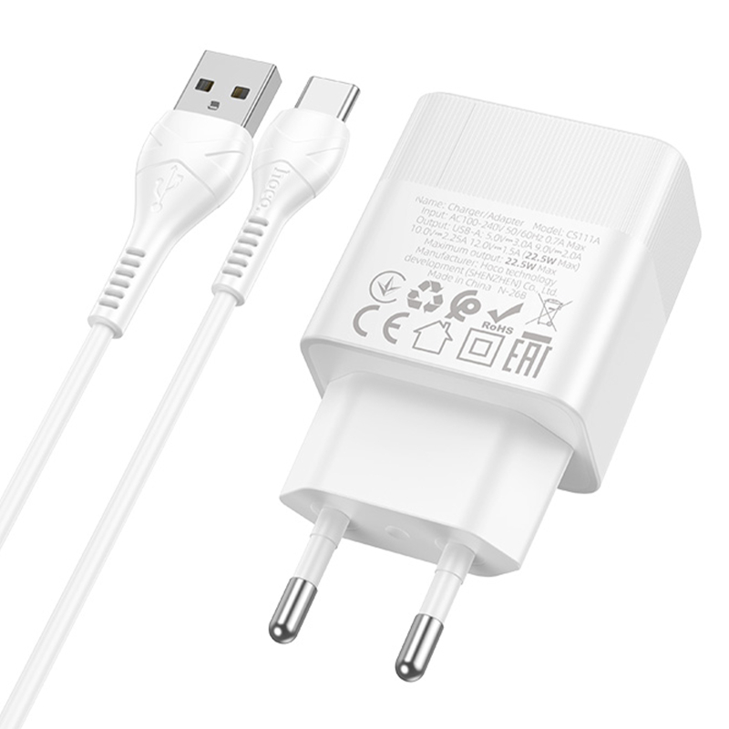 Мережевий зарядний пристрій Hoco CS111A Lounge QC3.0 22.5W (1USB-A) + кабель USB to Type-C - Зображення 3