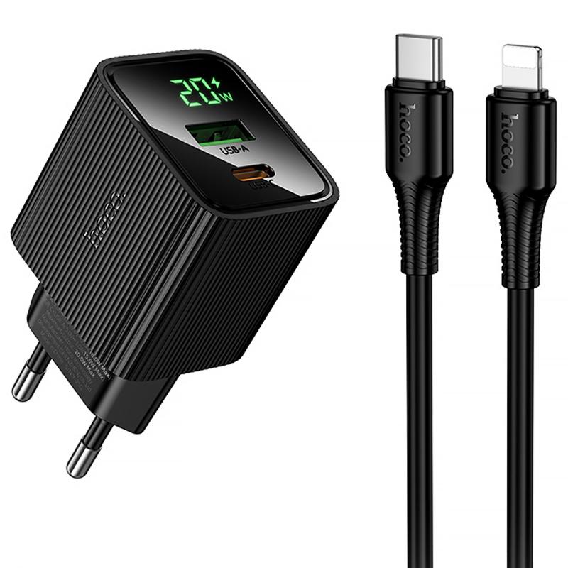Мережевий зарядний пристрій Hoco CS83A Excellent with digital display PD20W+QC3.0 (1USB-A/1C) + кабель Type-C to Lightning