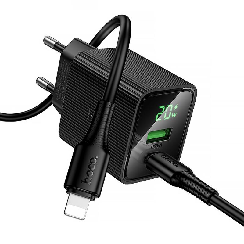 Мережевий зарядний пристрій Hoco CS83A Excellent with digital display PD20W+QC3.0 (1USB-A/1C) + кабель Type-C to Lightning - Зображення 3