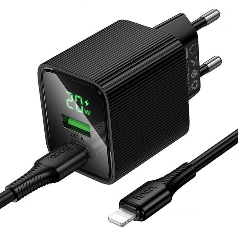 Мережевий зарядний пристрій Hoco CS83A Excellent with digital display PD20W+QC3.0 (1USB-A/1C) + кабель Type-C to Lightning - Зображення 4