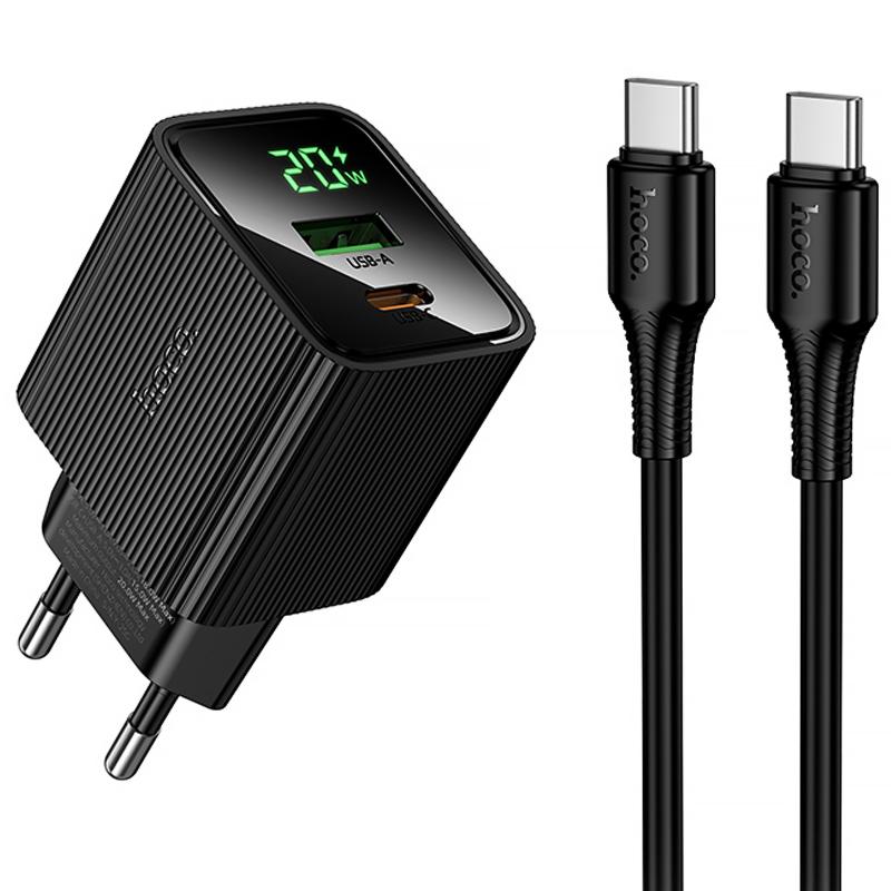Мережевий зарядний пристрій Hoco CS83A Excellent with digital display PD20W+QC3.0 (1USB-A/1C) + кабель Type-C to Type-C