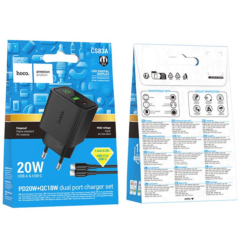 Мережевий зарядний пристрій Hoco CS83A Excellent with digital display PD20W+QC3.0 (1USB-A/1C) + кабель Type-C to Type-C - Зображення 2