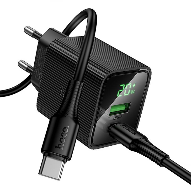 Мережевий зарядний пристрій Hoco CS83A Excellent with digital display PD20W+QC3.0 (1USB-A/1C) + кабель Type-C to Type-C - Зображення 3