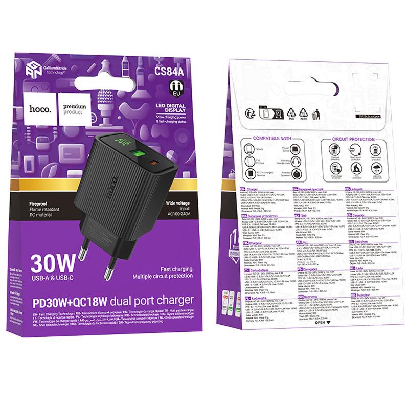 Мережевий зарядний пристрій Hoco CS84A Excellent with digital display PD30W+QC3.0 (1USB-A/1C) - Зображення 2