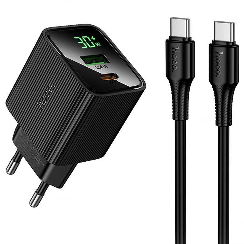 Мережевий зарядний пристрій Hoco CS84A Excellent with digital display PD30W+QC3.0 (1USB-A/1C) + кабель Type-C to Type-C