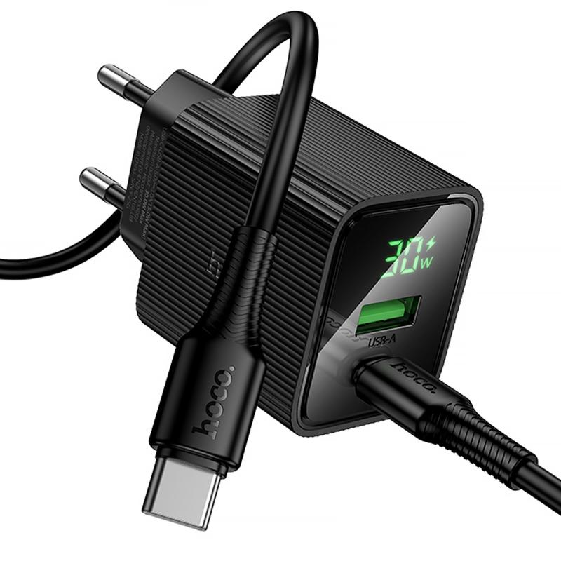Мережевий зарядний пристрій Hoco CS84A Excellent with digital display PD30W+QC3.0 (1USB-A/1C) + кабель Type-C to Type-C - Зображення 3