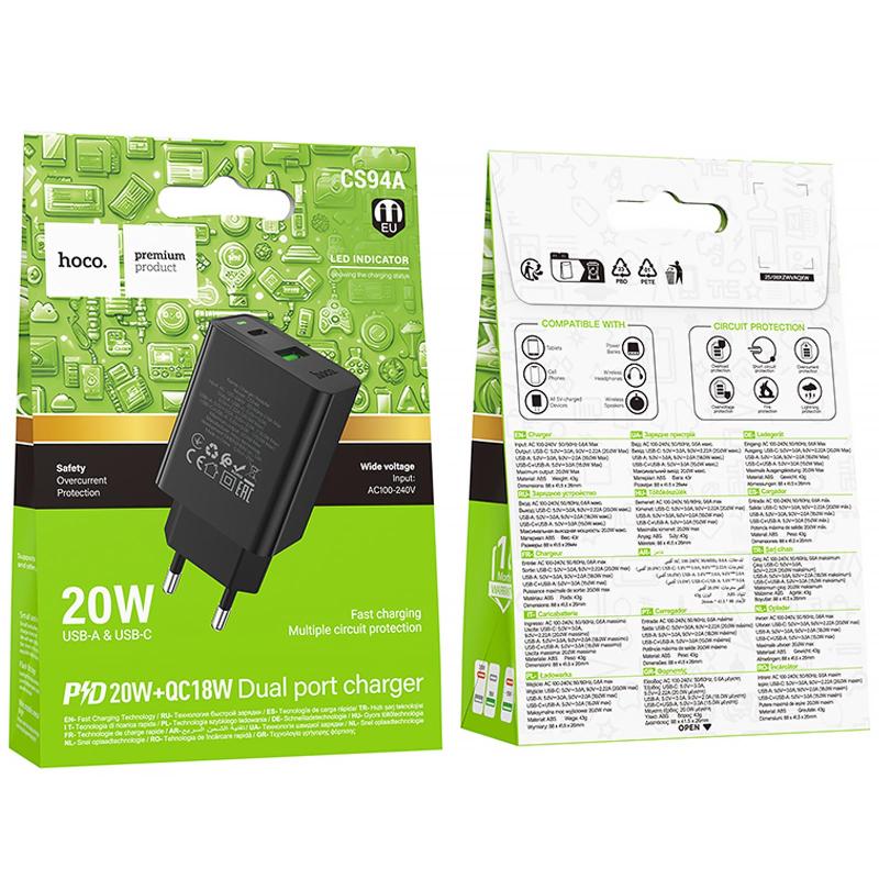 Мережевий зарядний пристрій Hoco CS94A Leader PD20W+QC3.0 (1USB-A/1C) - Зображення 2