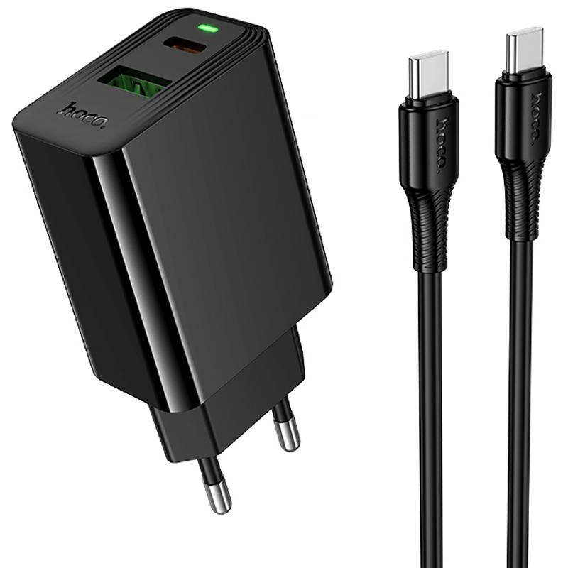 Мережевий зарядний пристрій Hoco CS94A Leader PD20W+QC3.0 (1USB-A/1C) + кабель Type-C to Type-C
