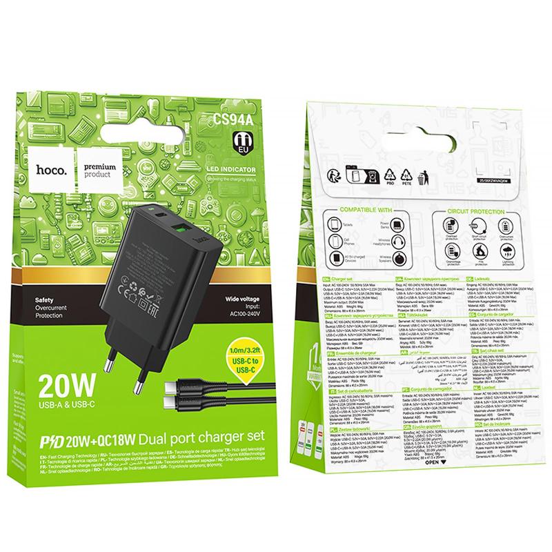 Мережевий зарядний пристрій Hoco CS94A Leader PD20W+QC3.0 (1USB-A/1C) + кабель Type-C to Type-C - Зображення 2
