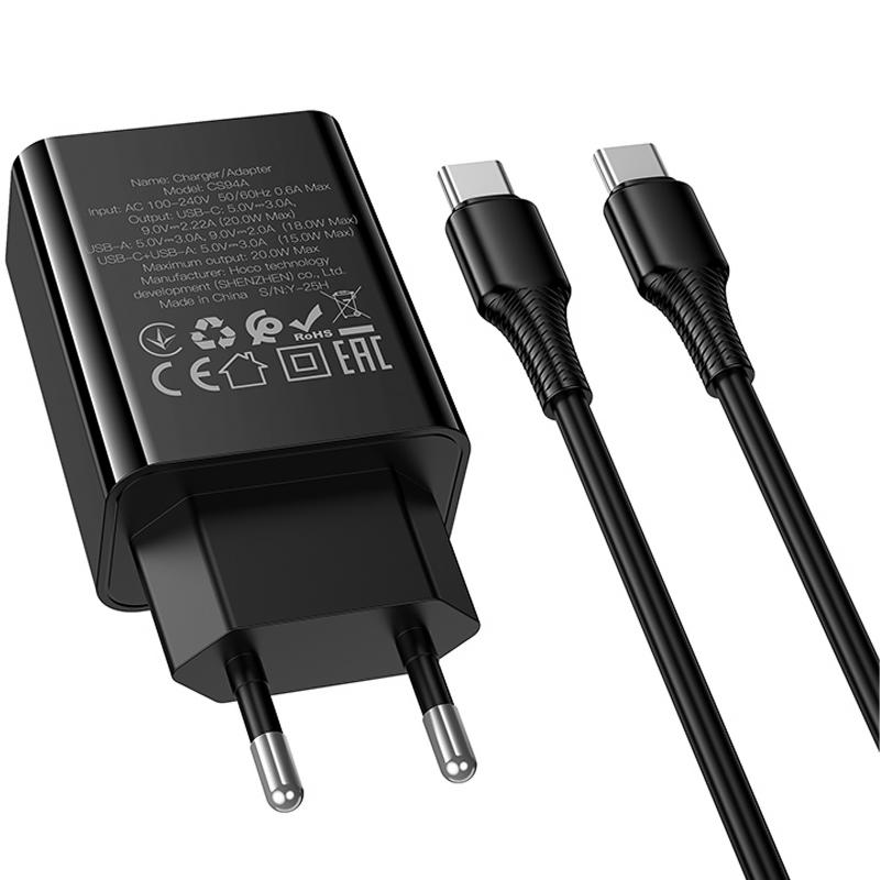 Мережевий зарядний пристрій Hoco CS94A Leader PD20W+QC3.0 (1USB-A/1C) + кабель Type-C to Type-C - Зображення 5