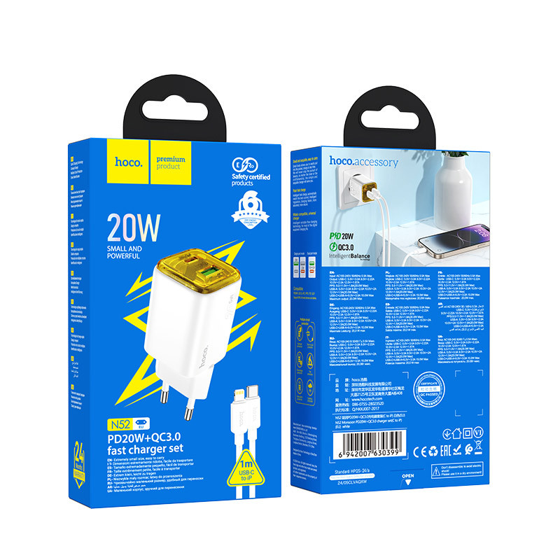 Мережевий зарядний пристрій Hoco N52 Monsoon PD20W+QC3.0 (1USB-A/1C) + кабель Type-C to Lightning - Зображення 3