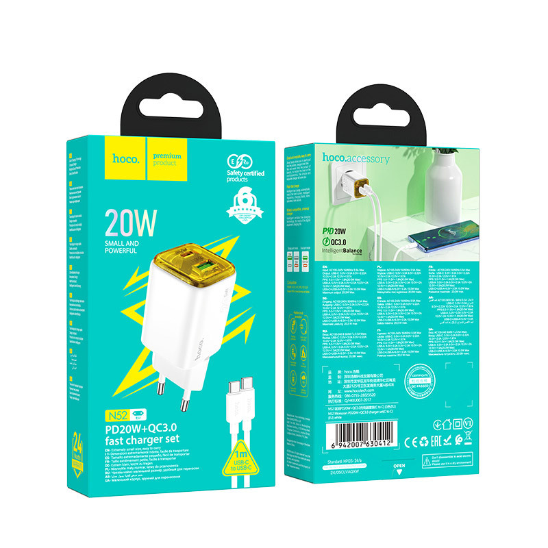 Мережевий зарядний пристрій Hoco N52 Monsoon PD20W+QC3.0 (1USB-A/1C) + кабель Type-C to Type-C - Зображення 3