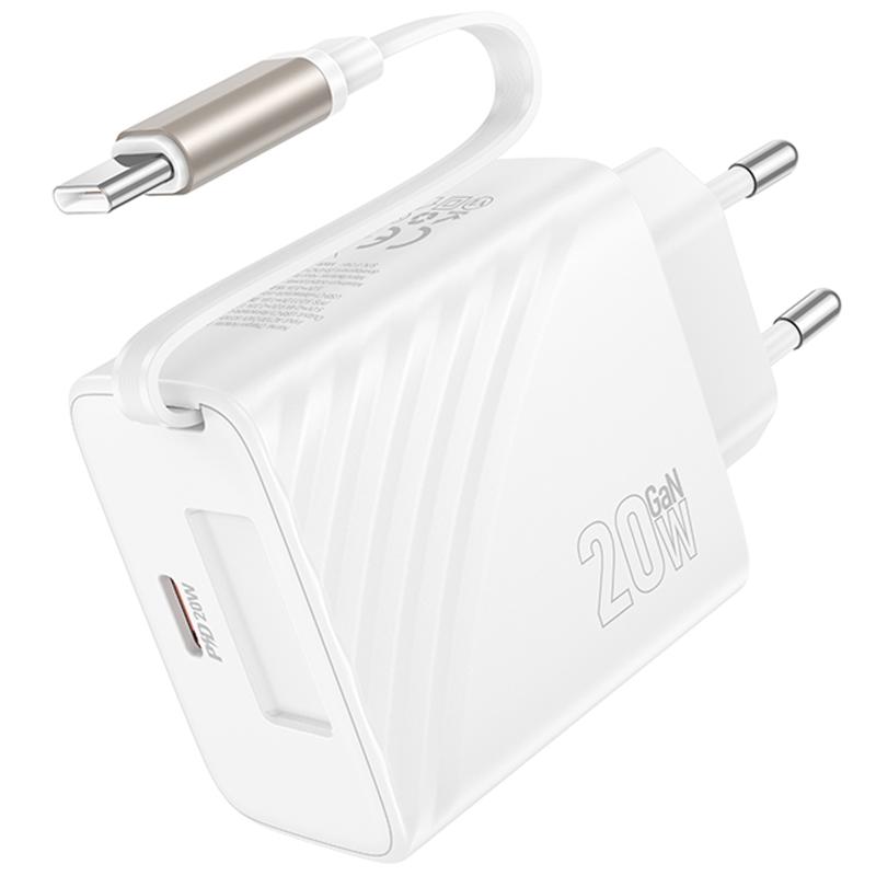 Мережевий зарядний пристрій Hoco N57 Full PD20W with retractable cable Type-C (2USB-C) - Зображення 4