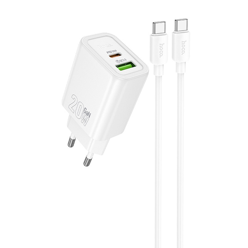 Мережевий зарядний пристрій Hoco N61 Gentle PD20W+QC3.0 (1USB-A/1C) + кабель Type-C to Type-C