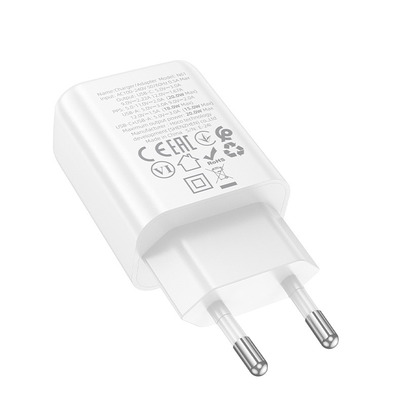 Мережевий зарядний пристрій Hoco N61 Gentle PD20W+QC3.0 (1USB-A/1C) + кабель Type-C to Type-C - Зображення 4