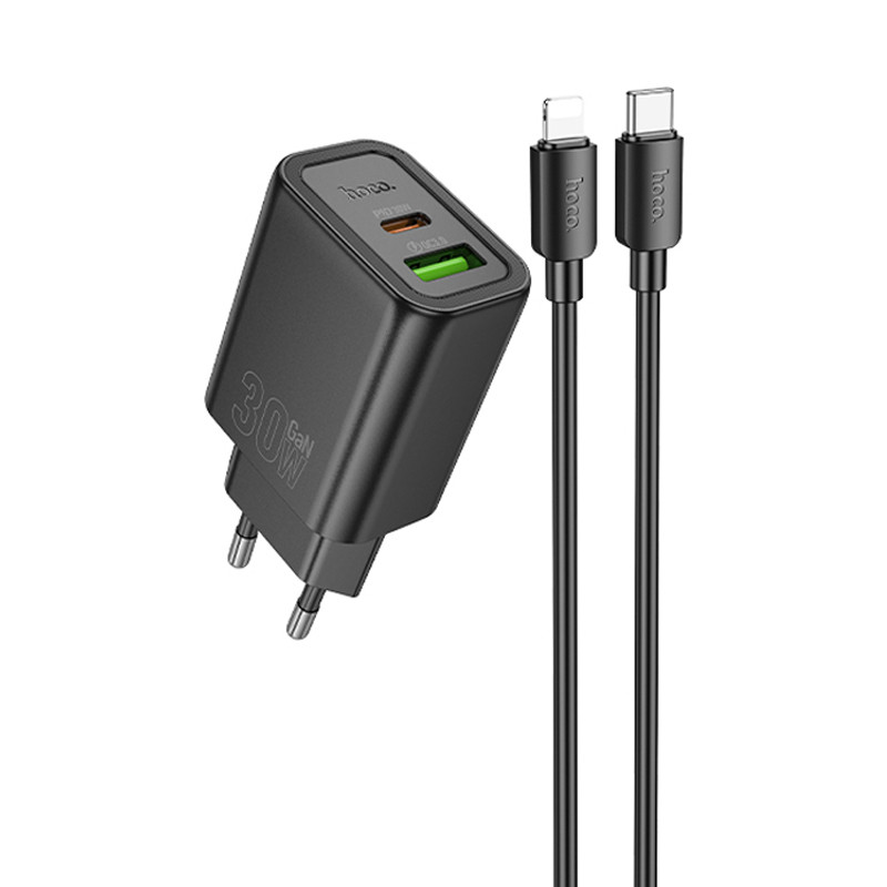 Мережевий зарядний пристрій Hoco N63 Gentle PD30W+QC3.0 (1USB-A/1C) + кабель Type-C to Lightning