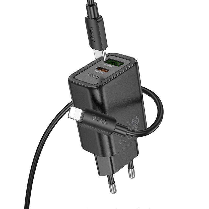 Мережевий зарядний пристрій Hoco N63 Gentle PD30W+QC3.0 (1USB-A/1C) + кабель Type-C to Lightning - Зображення 2