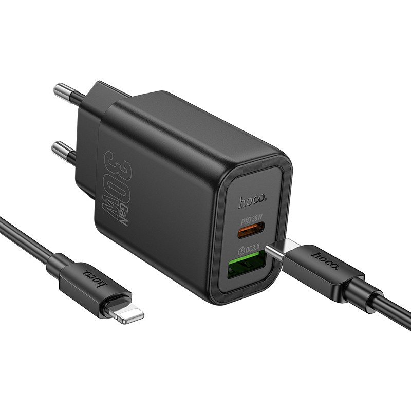 Мережевий зарядний пристрій Hoco N63 Gentle PD30W+QC3.0 (1USB-A/1C) + кабель Type-C to Lightning - Зображення 3