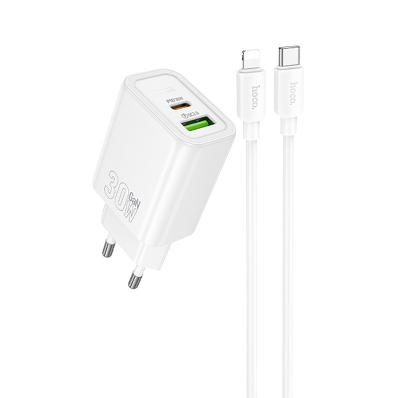 Мережевий зарядний пристрій Hoco N63 Gentle PD30W+QC3.0 (1USB-A/1C) + кабель Type-C to Lightning