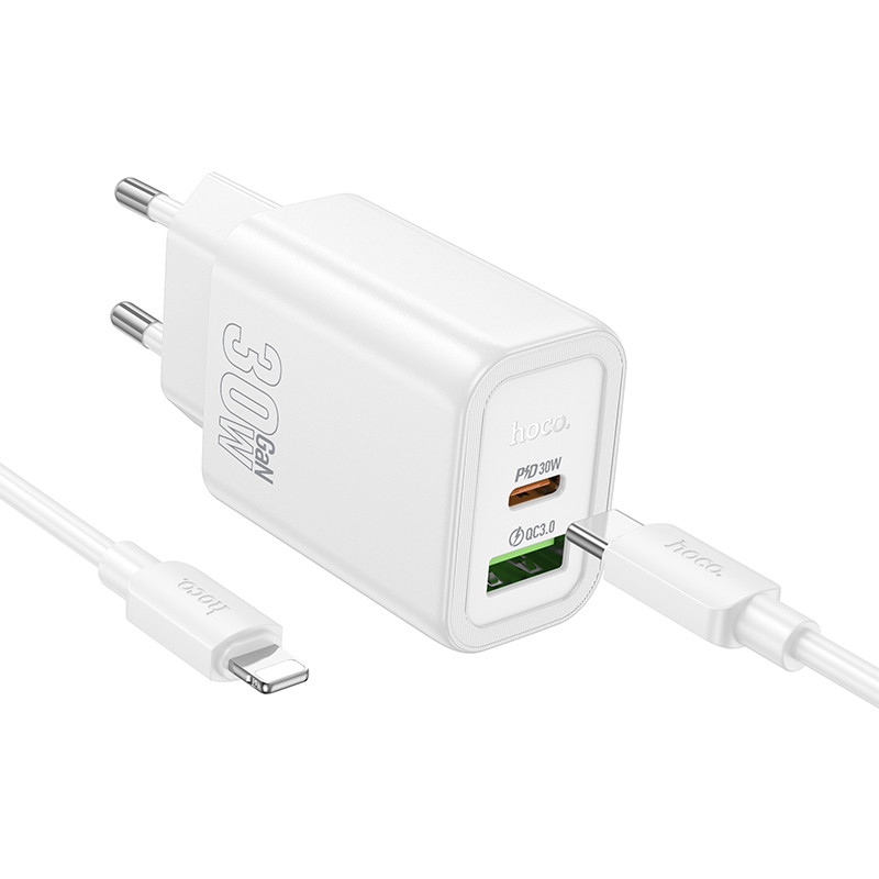 Мережевий зарядний пристрій Hoco N63 Gentle PD30W+QC3.0 (1USB-A/1C) + кабель Type-C to Lightning - Зображення 4