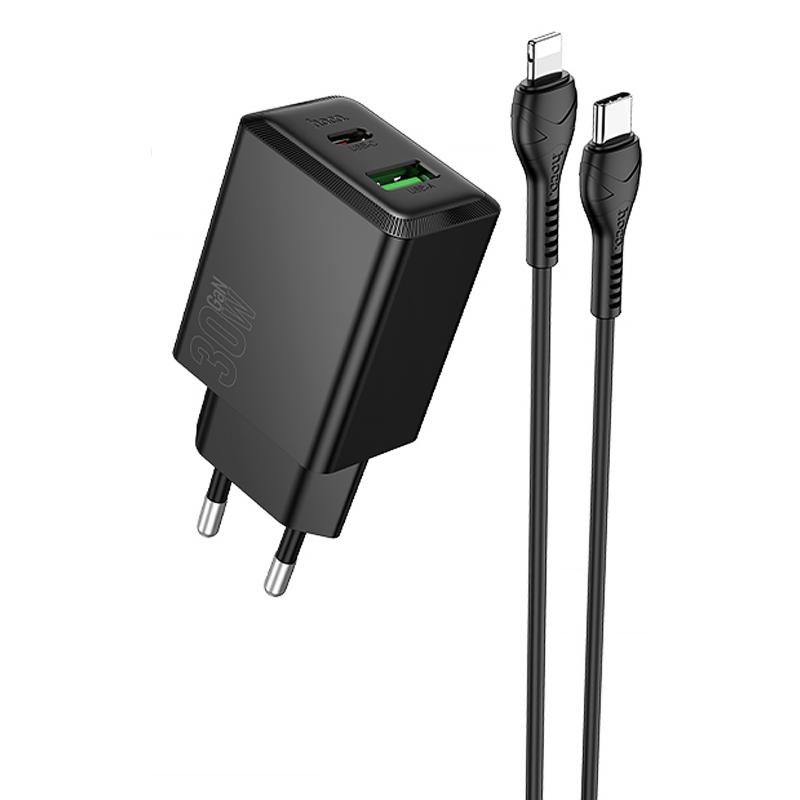 Мережевий зарядний пристрій Hoco N71 Nuevo PD30W+QC3.0 (1USB-A/1C) + кабель Type-C to Lightning