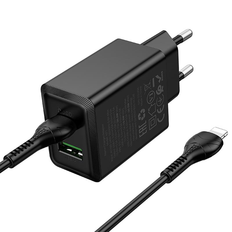 Мережевий зарядний пристрій Hoco N71 Nuevo PD30W+QC3.0 (1USB-A/1C) + кабель Type-C to Lightning - Зображення 4