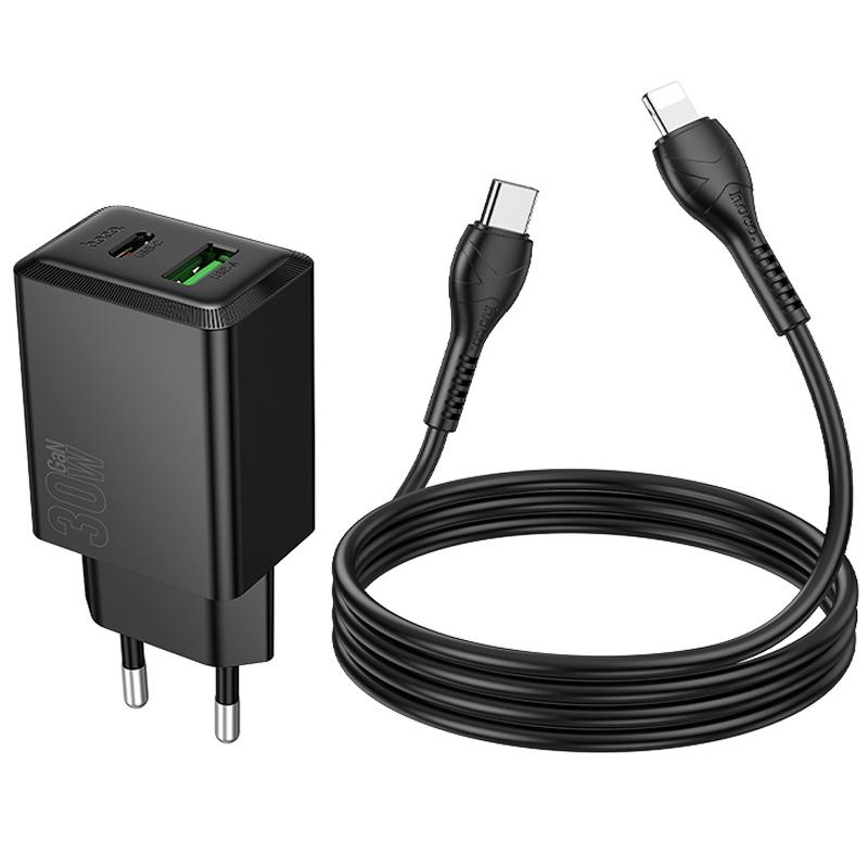 Мережевий зарядний пристрій Hoco N71 Nuevo PD30W+QC3.0 (1USB-A/1C) + кабель Type-C to Lightning - Зображення 5