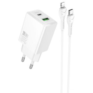 Мережевий зарядний пристрій Hoco N71 Nuevo PD30W+QC3.0 (1USB-A/1C) + кабель Type-C to Lightning