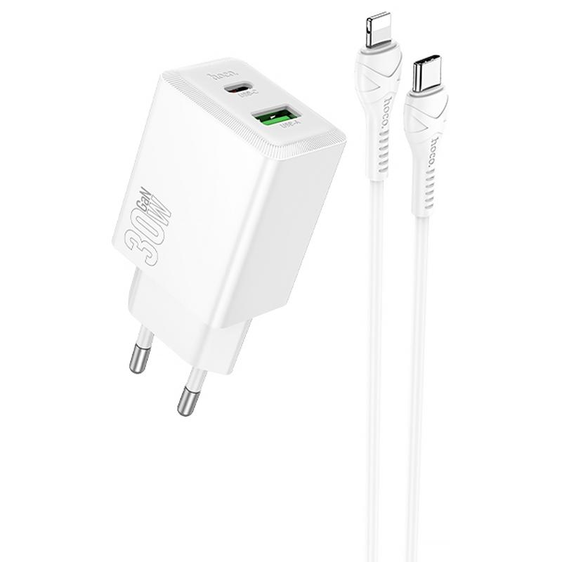 Мережевий зарядний пристрій Hoco N71 Nuevo PD30W+QC3.0 (1USB-A/1C) + кабель Type-C to Lightning