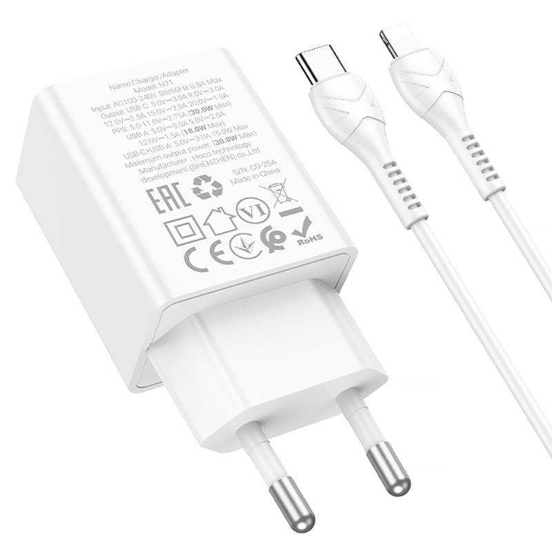 Мережевий зарядний пристрій Hoco N71 Nuevo PD30W+QC3.0 (1USB-A/1C) + кабель Type-C to Lightning - Зображення 3