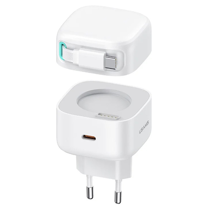 Мережевий зарядний пристрій Usams US-CC202 GaN With Type-C Magnetic Retractable Cable Module XMF Ser. 35W (2USB-C)