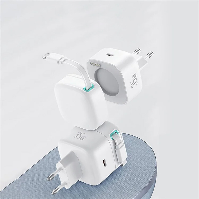Мережевий зарядний пристрій Usams US-CC202 GaN With Type-C Magnetic Retractable Cable Module XMF Ser. 35W (2USB-C) - Зображення 2