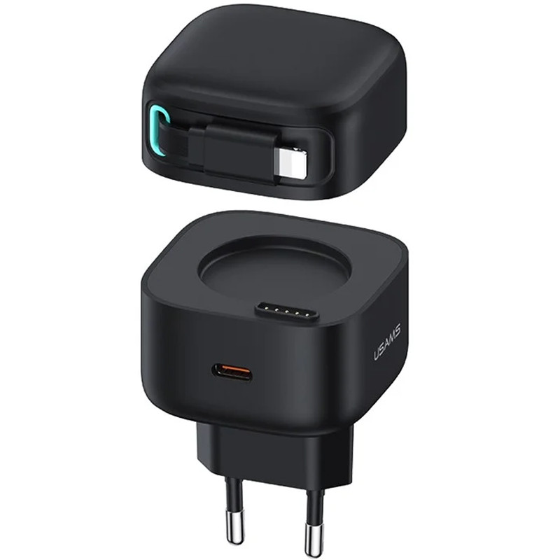 Мережевий зарядний пристрій Usams US-CC209 GaN With Lightning Magnetic Retractable Cable Module XMF Ser. 35W (2USB-C)