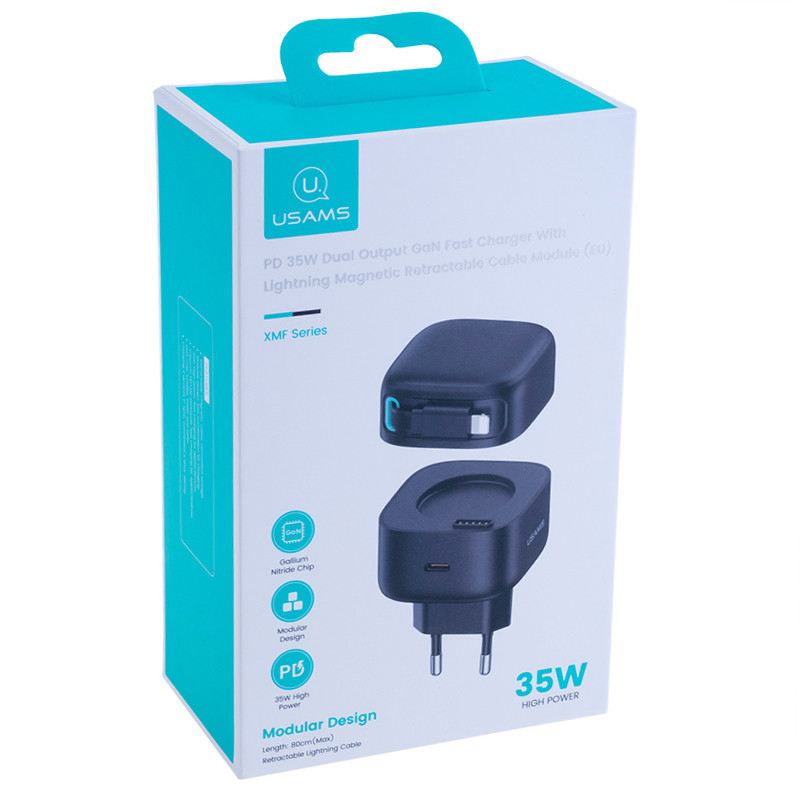 Мережевий зарядний пристрій Usams US-CC209 GaN With Lightning Magnetic Retractable Cable Module XMF Ser. 35W (2USB-C) - Зображення 2