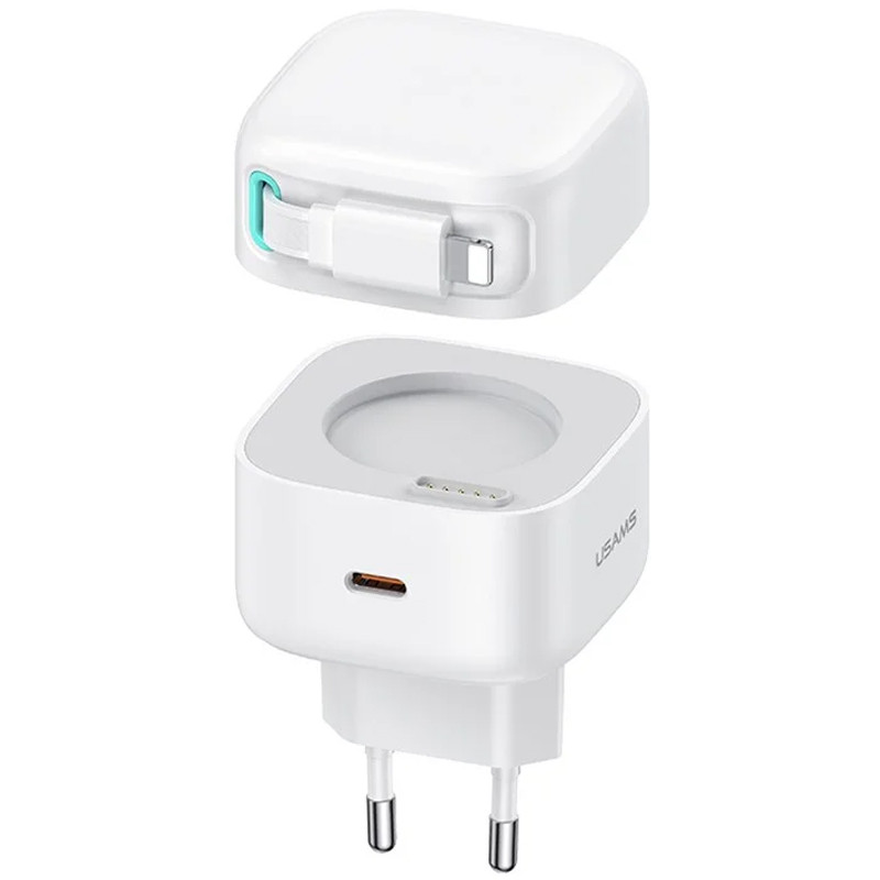 Мережевий зарядний пристрій Usams US-CC209 GaN With Lightning Magnetic Retractable Cable Module XMF Ser. 35W (2USB-C)