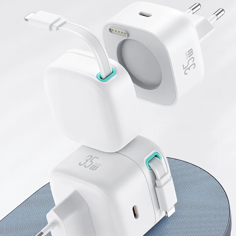 Мережевий зарядний пристрій Usams US-CC209 GaN With Lightning Magnetic Retractable Cable Module XMF Ser. 35W (2USB-C) - Зображення 2