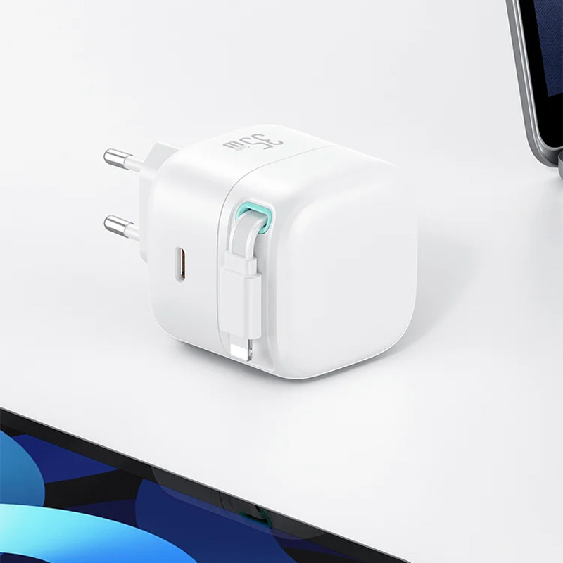 Мережевий зарядний пристрій Usams US-CC209 GaN With Lightning Magnetic Retractable Cable Module XMF Ser. 35W (2USB-C) - Зображення 4