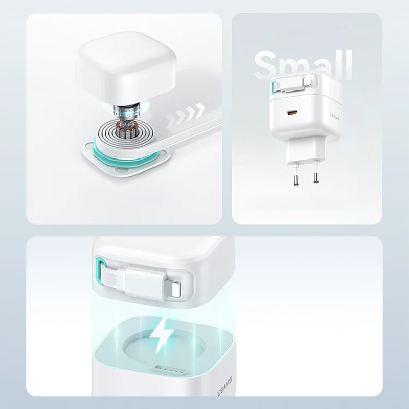 Мережевий зарядний пристрій Usams US-CC209 GaN With Lightning Magnetic Retractable Cable Module XMF Ser. 35W (2USB-C) - Зображення 5
