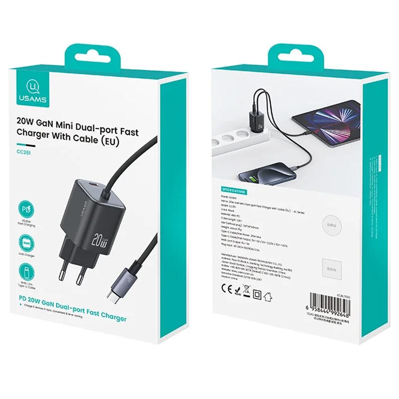 Мережевий зарядний пристрій Usams US-CC261 GaN JC Ser. 20W (2USB-C) + кабель Type-C to Type-C - Зображення 4