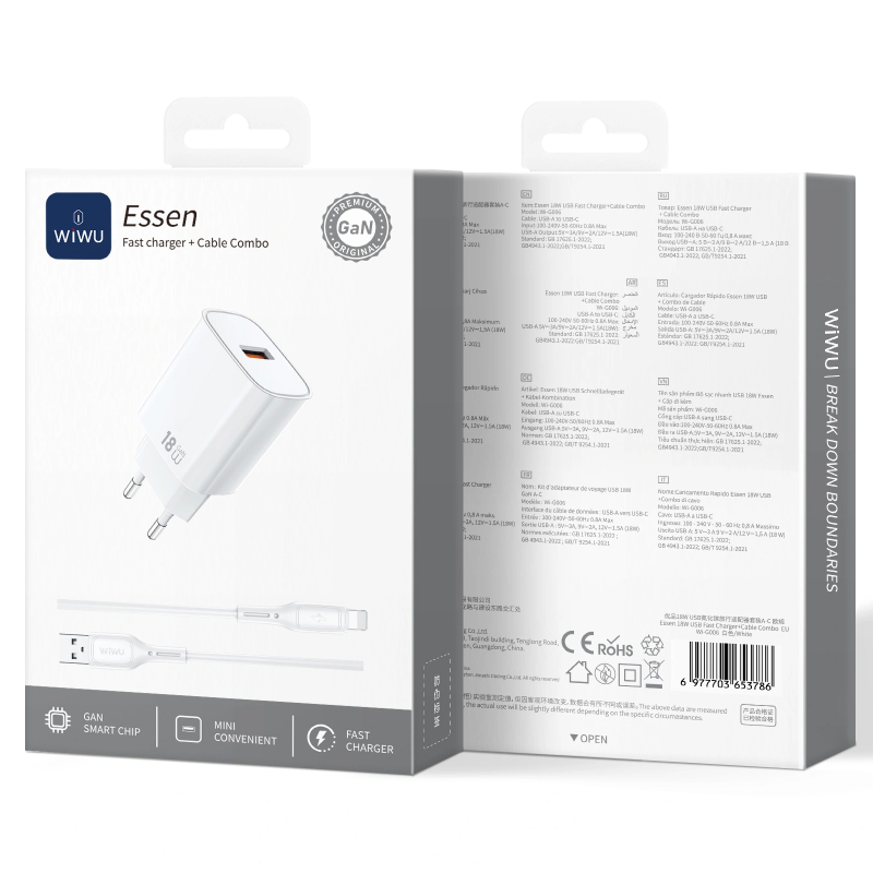 Мережевий зарядний пристрій WIWU G006 Essen QC3.0 18W GaN (1USB-A) + кабель USB to Lightning - Зображення 2