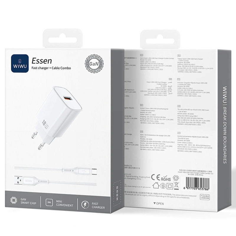 Мережевий зарядний пристрій WIWU G006 Essen QC3.0 18W GaN (1USB-A) + кабель USB to Type-C - Зображення 2