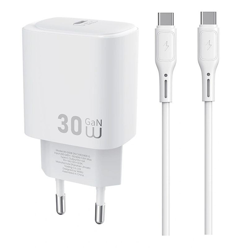 Мережевий зарядний пристрій WIWU G008 Essen PD30W GaN (1USB-C) + кабель Type-C to Type-C
