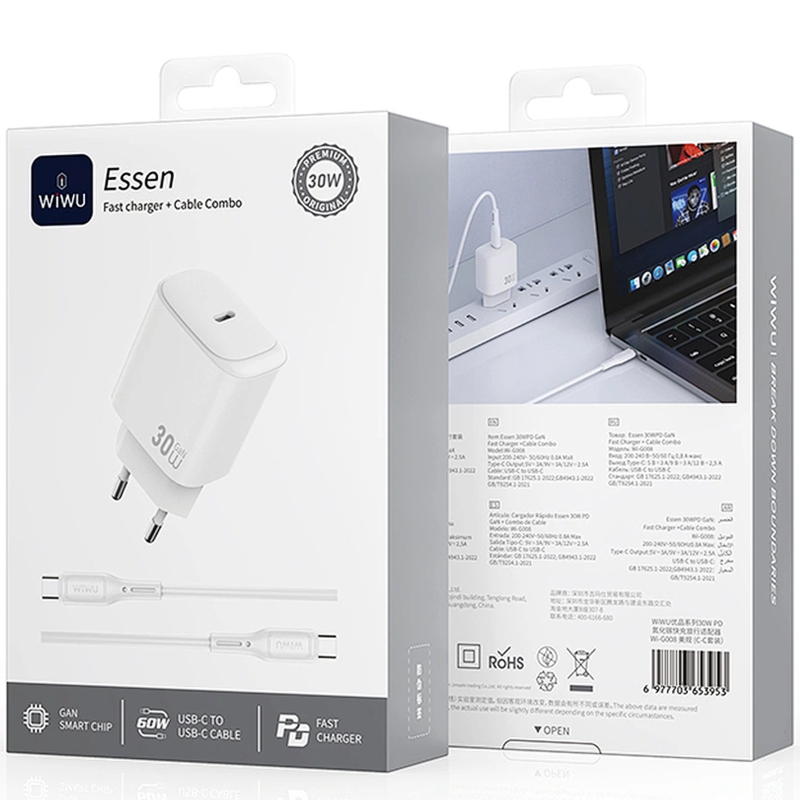 Мережевий зарядний пристрій WIWU G008 Essen PD30W GaN (1USB-C) + кабель Type-C to Type-C - Зображення 2
