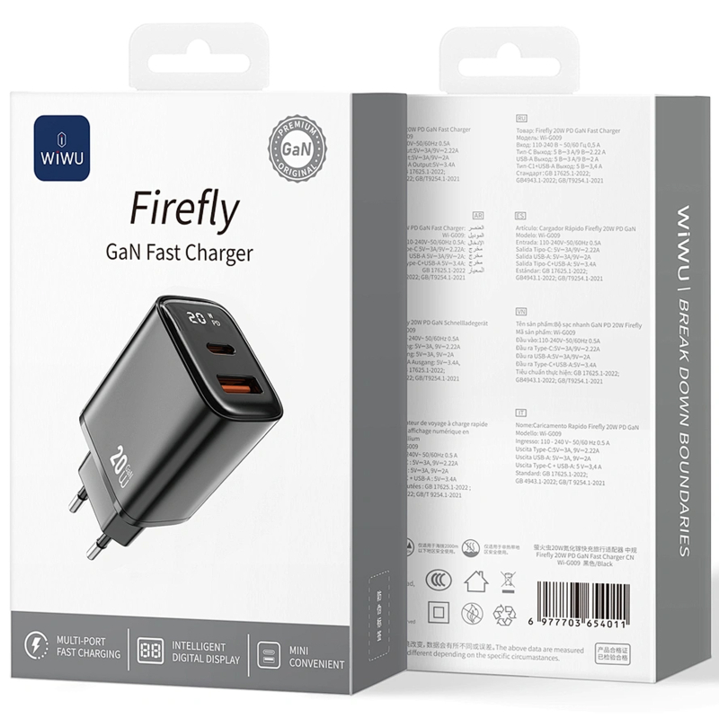 Мережевий зарядний пристрій WIWU G009 Firefly PD20W+QC3.0 GaN (1USB-A/1C) - Зображення 2