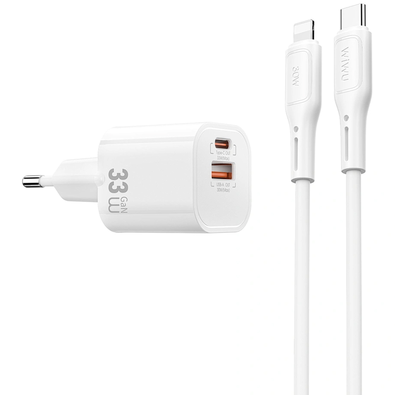 Мережевий зарядний пристрій WIWU G018 Cube PD33W+QC3.0 GaN (1USB-A/1C) + кабель Type-C to Lightning