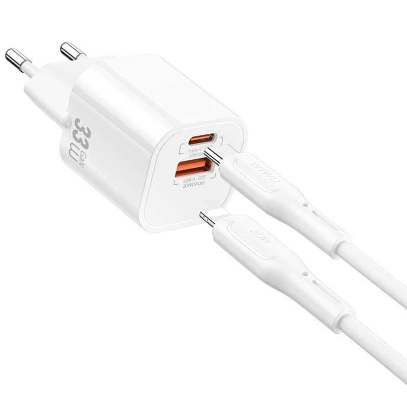 Мережевий зарядний пристрій WIWU G018 Cube PD33W+QC3.0 GaN (1USB-A/1C) + кабель Type-C to Lightning - Зображення 2