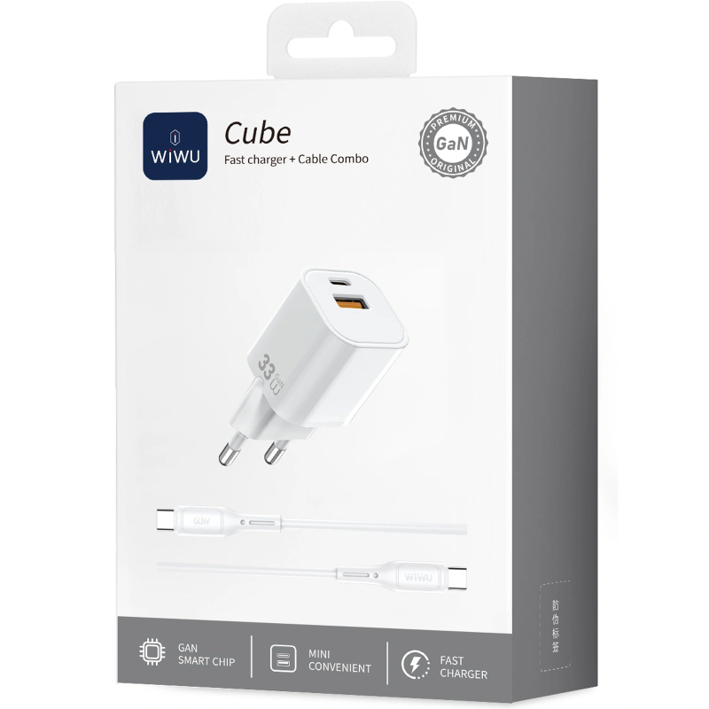 Мережевий зарядний пристрій WIWU G018 Cube PD33W+QC3.0 GaN (1USB-A/1C) + кабель Type-C to Lightning - Зображення 3