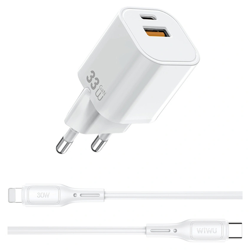 Мережевий зарядний пристрій WIWU G018 Cube PD33W+QC3.0 GaN (1USB-A/1C) + кабель Type-C to Lightning - Зображення 4