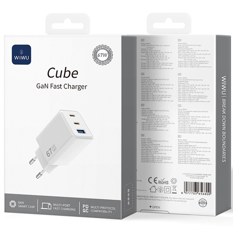 Мережевий зарядний пристрій WIWU G026 Cube PD67W+QC3.0 GaN (1USB-A/2C) - Зображення 4