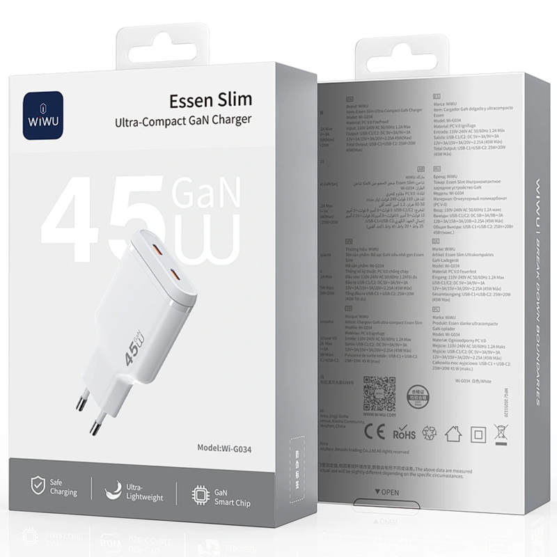 Мережевий зарядний пристрій WIWU G034 Essen PD45W GaN (2USB-C) - Зображення 6